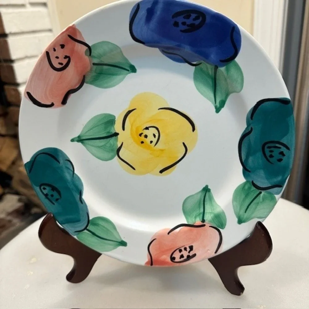 Pier 1 Handpainted Portugal Ceramic Plate Floral Yellow Blue‎ Pink Green